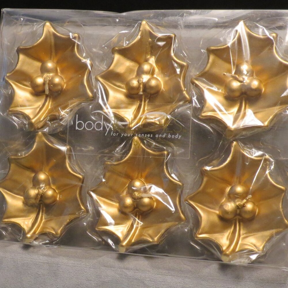 6 Gold Holly & Berries Floating Candles NEW